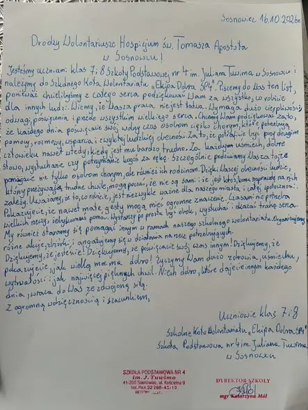 Uczniowie SP4 w Sosnowcu dziękują wolontariuszom hospicjum