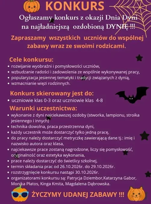 Konkurs dyniowy w SP 15 w Sosnowcu – zaproszenie dla uczniów i rodziców